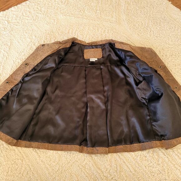 L.A.L. Leather Snake Print Jacket Round Collar Cropped Snap Buttons M - Picture 7 of 7